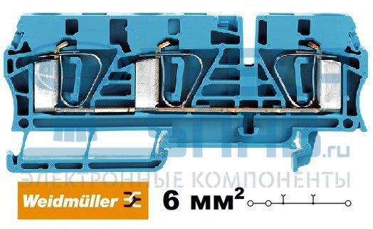 Клемма 3-пров. проход. Weidmuller ZDU6/3AN, 6мм, 690V/41A Син. (N)
